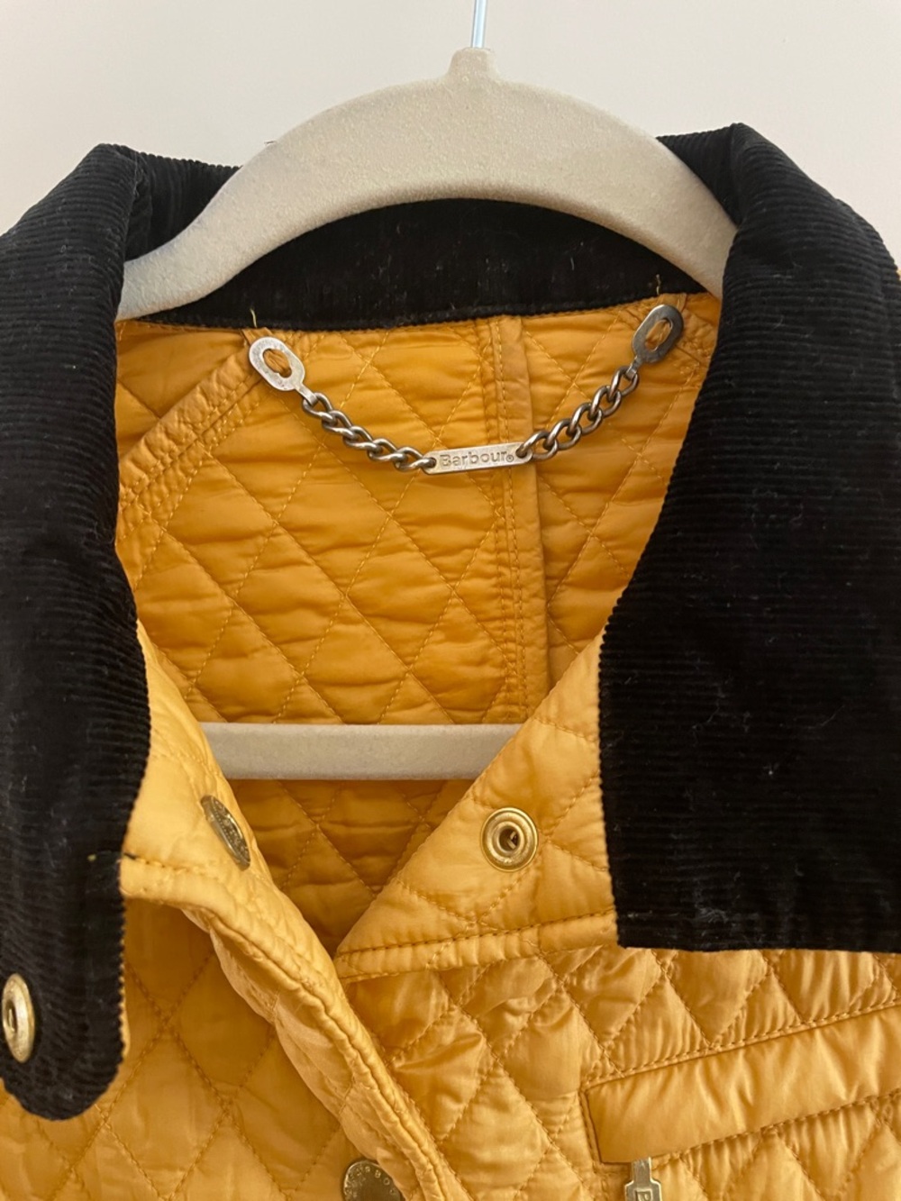 Barbour Quilted Mustard Yellow Jacket with Black Corduroy Collar - Picture 3 of 9